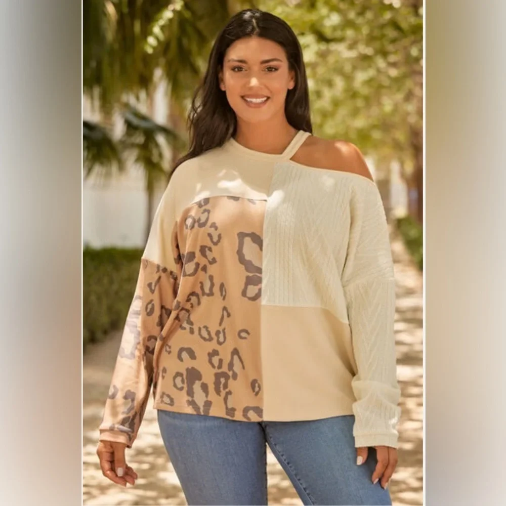 NWOT HAILEY & CO. COLOR BLOCK ASYMMETRIC CUTOUT SHOULDER LEOPARD PRINT SWEATER